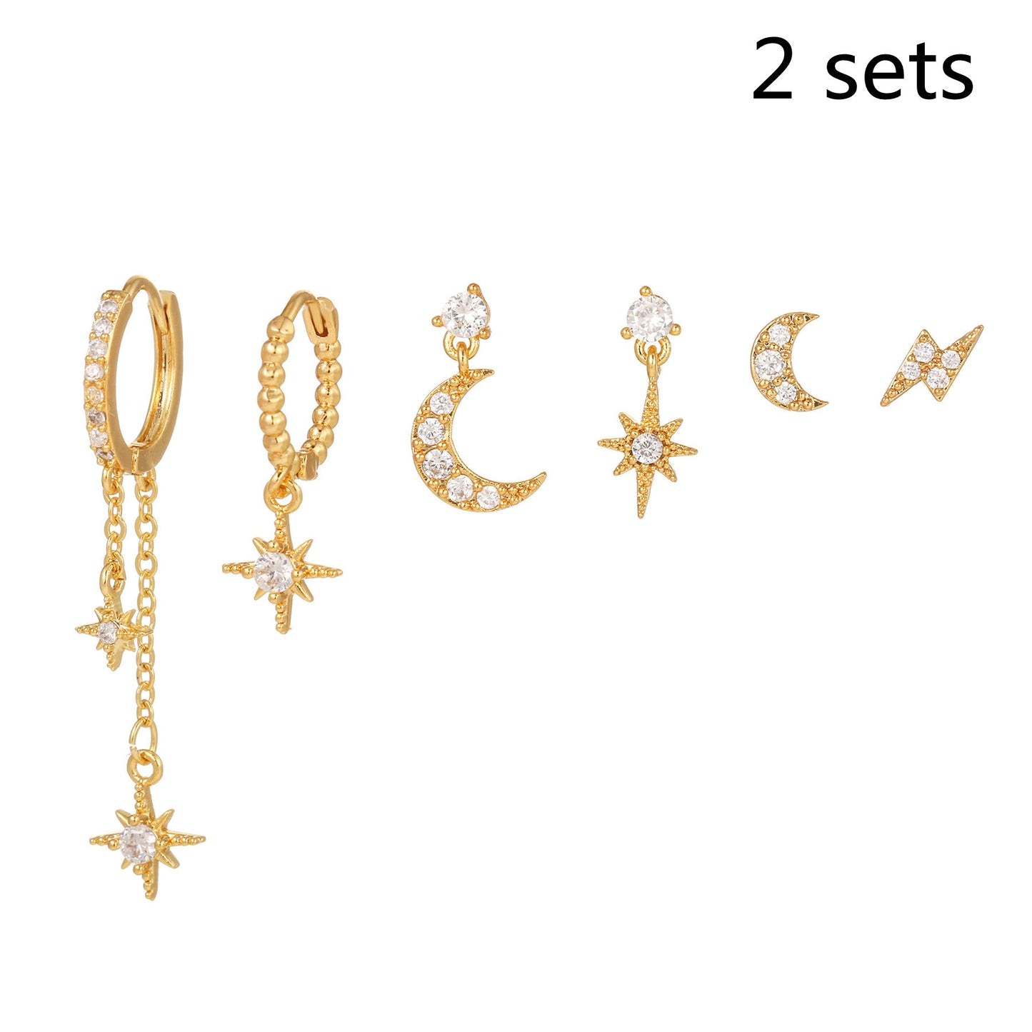 18k Star Moon Asymmetric Earrings 6-piece Set