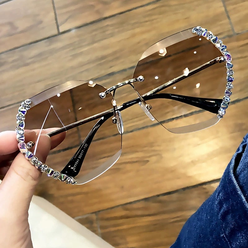 Rimless Sunglasses With Diamond-Studded Polygonal Sunglasses