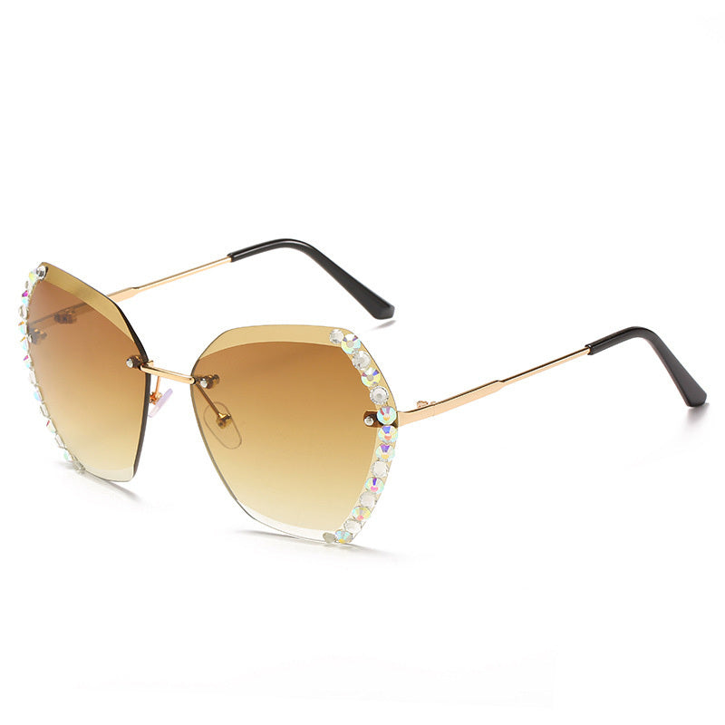 Rimless Sunglasses With Diamond-Studded Polygonal Sunglasses