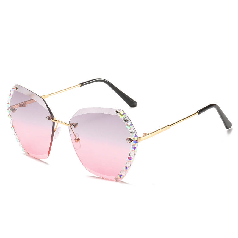 Rimless Sunglasses With Diamond-Studded Polygonal Sunglasses