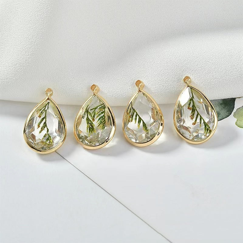 Christmas Small Tree Real Leaves Water Drop Copper Edging Earrings