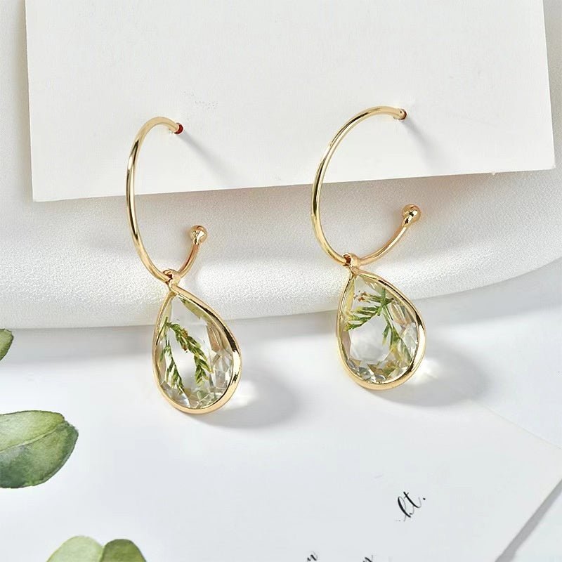 Christmas Small Tree Real Leaves Water Drop Copper Edging Earrings