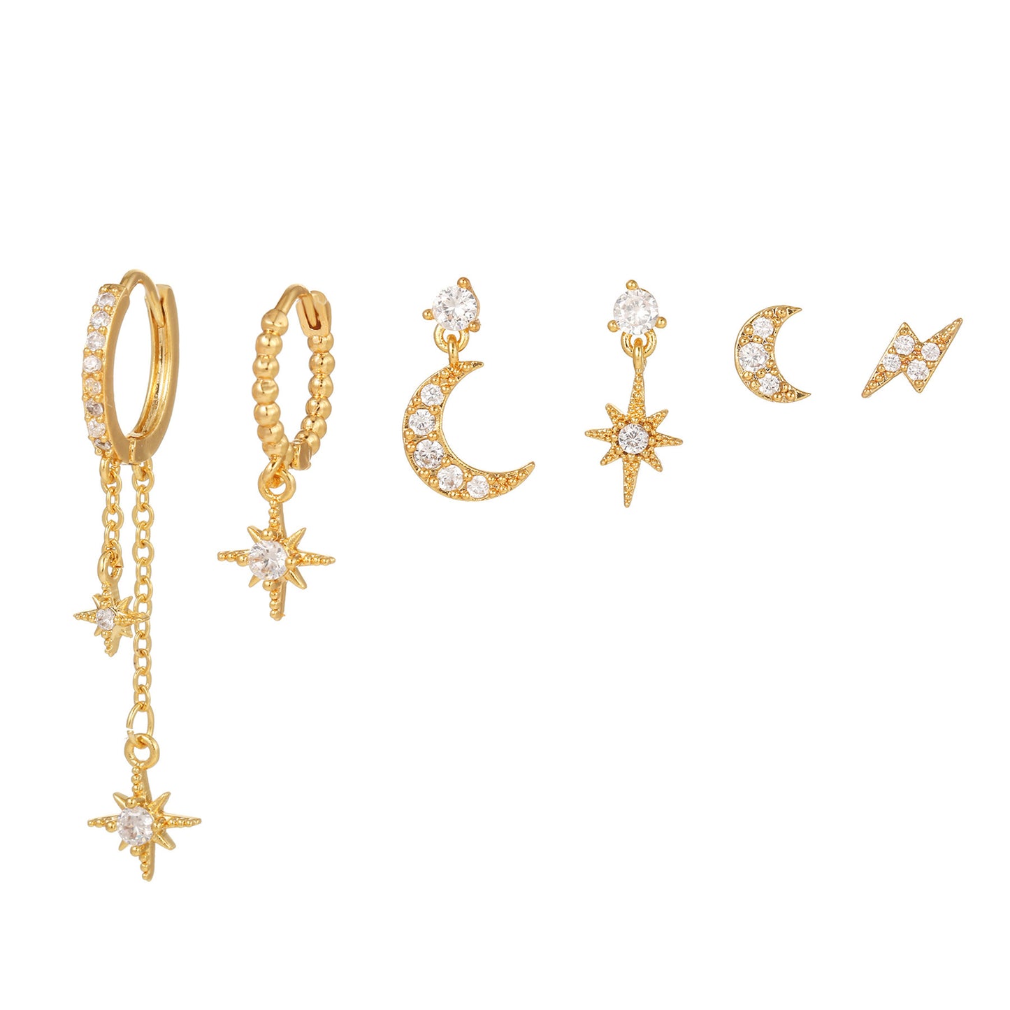 18k Star Moon Asymmetric Earrings 6-piece Set