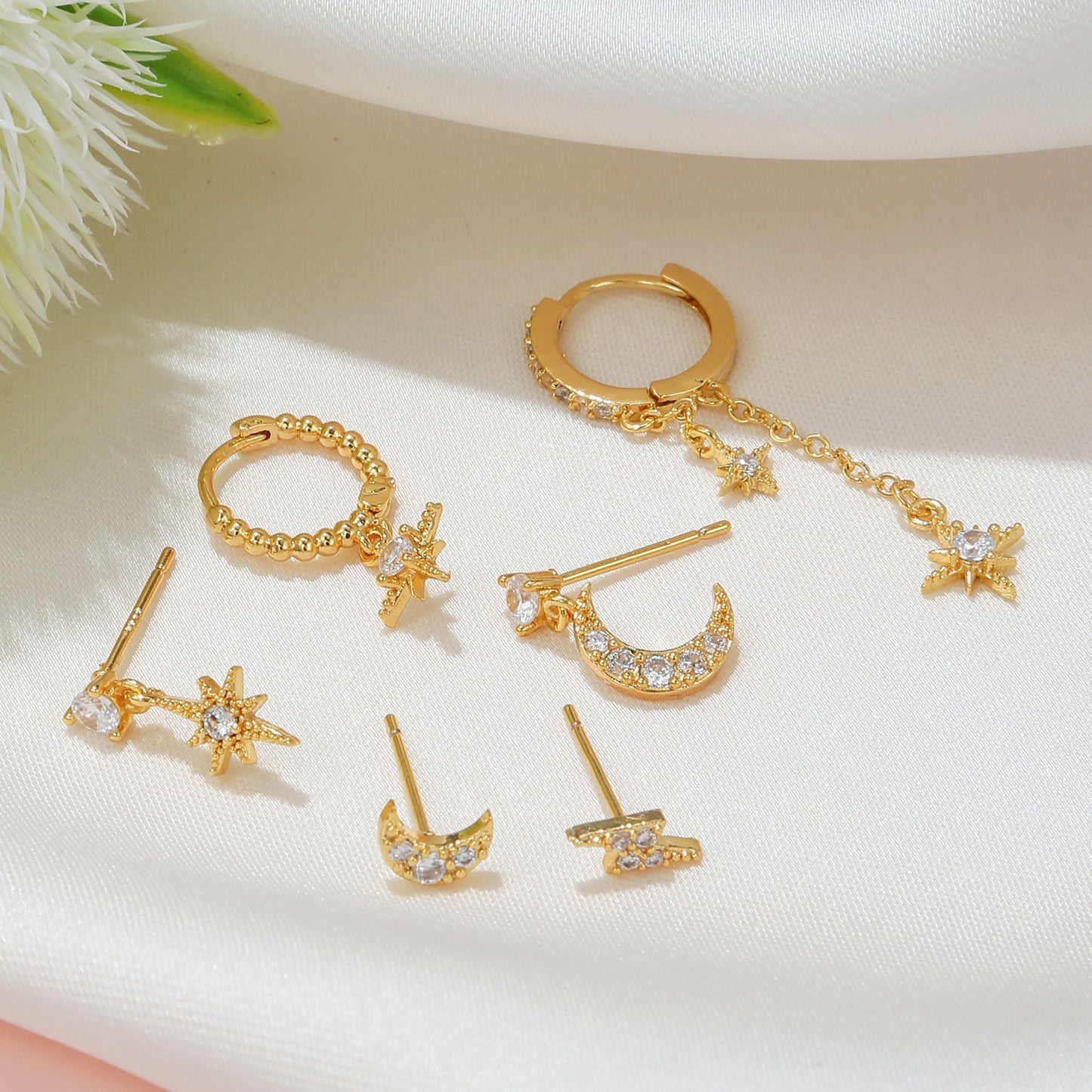 18k Star Moon Asymmetric Earrings 6-piece Set