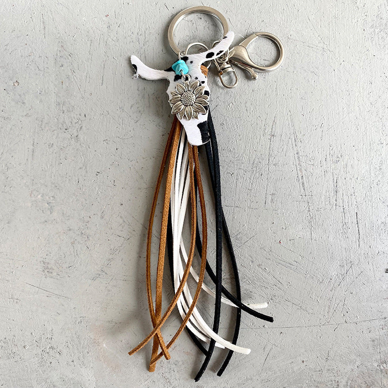 Western Style Keychain Retro Embossing Genuine Leather Cow Head Shape