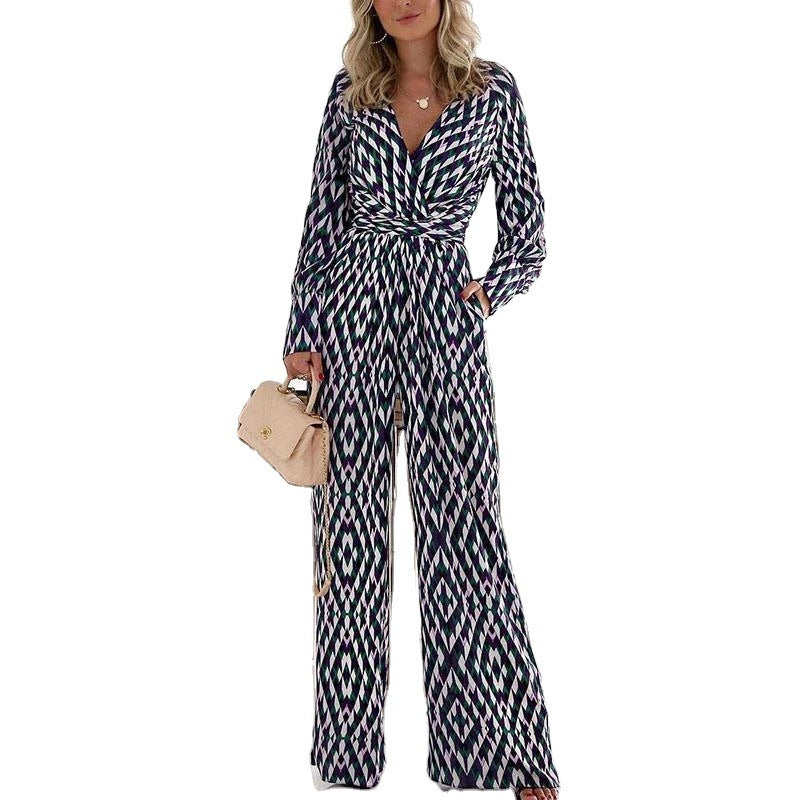 Women's Jumpsuit Trendy Geometric Pattern Printed V-neck Slim-fit Long Sleeve Trousers