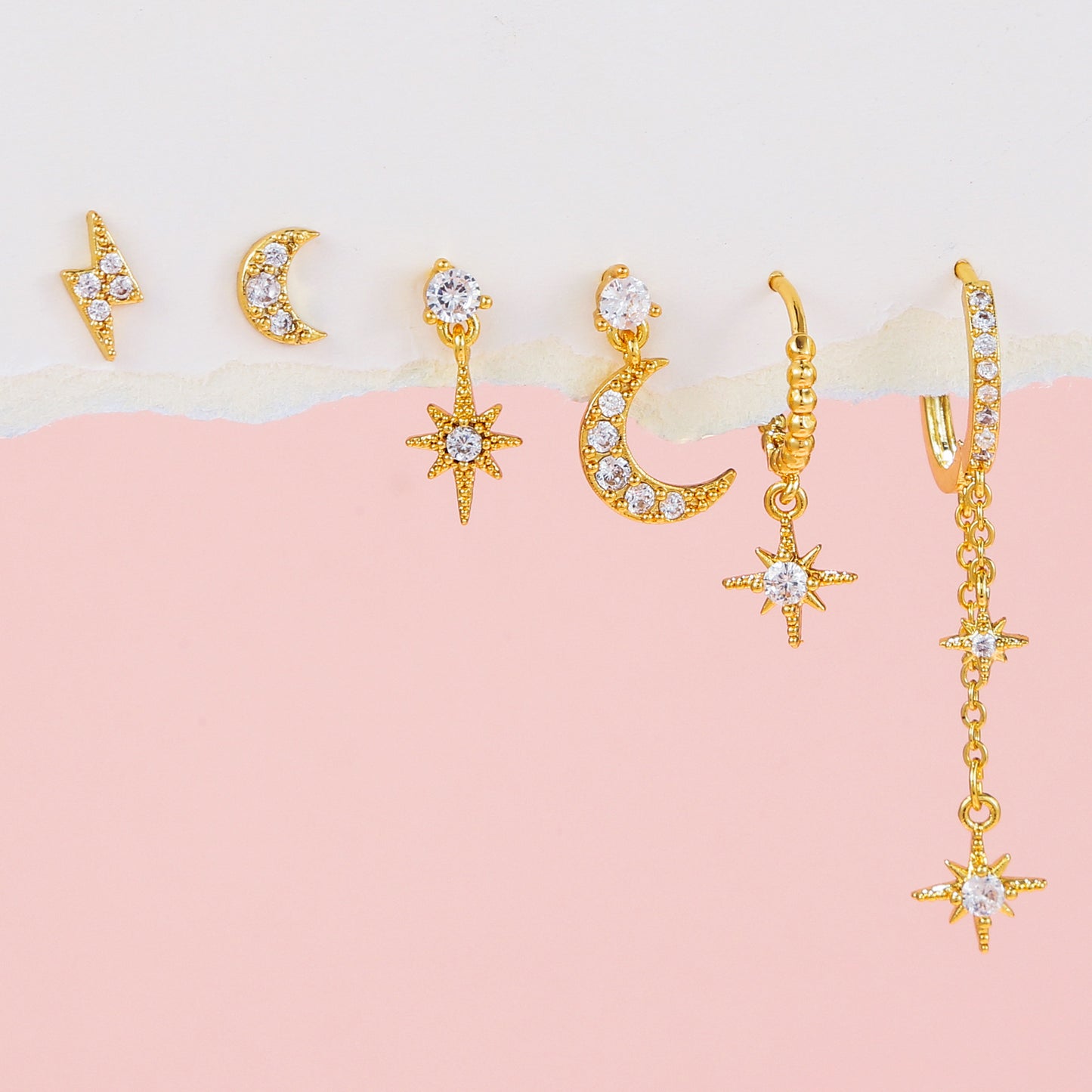 18k Star Moon Asymmetric Earrings 6-piece Set