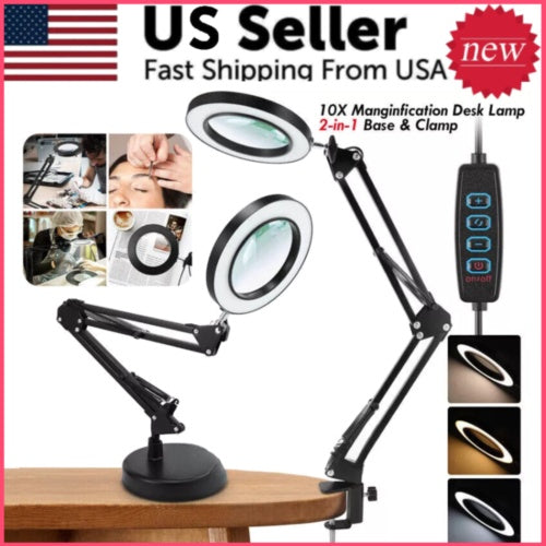 Magnifying Glass Desk Light Magnifier LED Lamp Reading Lamp With Base& Clamp 10X